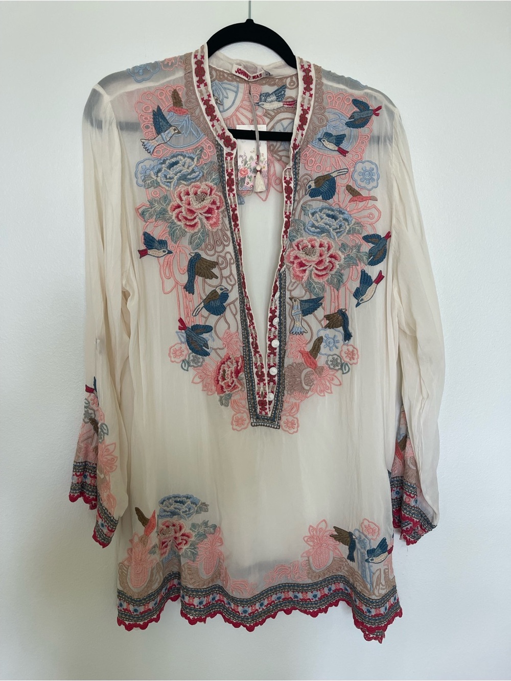 Johnny Was Cream Gracie Embroidered Blouse with Blue & Pink Accents